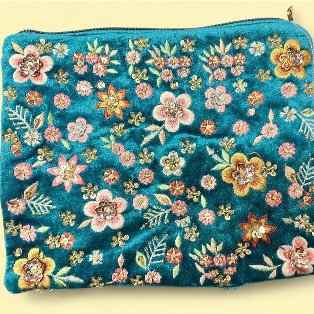 Embroidered Teal Velvet Floral Wristlet Pouch from India